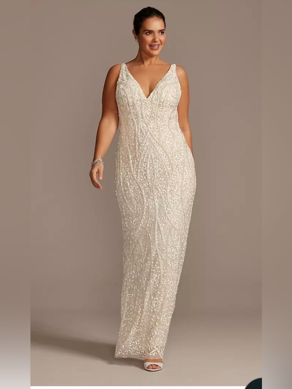 Embellished V-Neck Ivory Wedding Gown - Sleek Beaded Bridal Dress